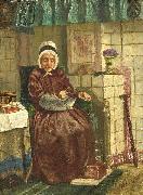 Old woman by a hearth, August Allebe